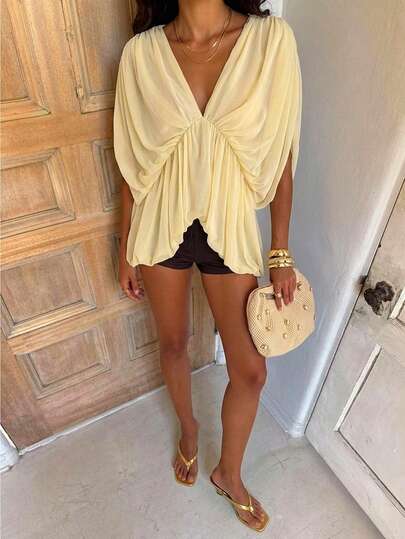 Opulessa Casual Vacation Solid Color Woven Loose Fit Women's Shirt