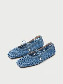 Nöista A Fashionable Blue Ballet Flat, Featuring Breathable Woven Design And Delicate Bow Decoration, Exuding A Fresh And Feminine Style - Dusty Blue - View 1