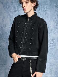 ROMWE MEN Street Life Men's Court Style Denim Long Sleeve Top - Black - View 1