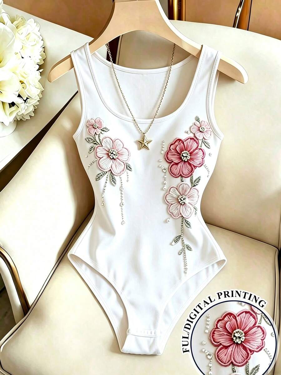 SHEIN Franclia 女款新款U領無袖花卉拼接印花杏色修身百搭連身衣 - 白色 - 查看 1