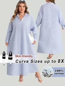 SHEIN CURVE+ Plus Size Casual Soft Form White Maxi Shirt Dress Western Wear Festival Boho Hippie Autumn 2026 22W Vacation Office - Blue - View 2