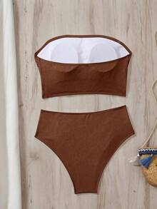 SHEIN Swim 女款純色抹胸比基尼套裝，雙側抓皺設計，海灘夏季穿搭 - 咖啡棕 - 查看 2