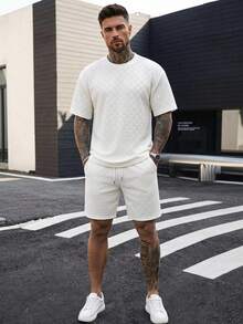 Manfinity CasualCool 男士純色短袖T恤與短褲套裝 - 白色 - 查看 6