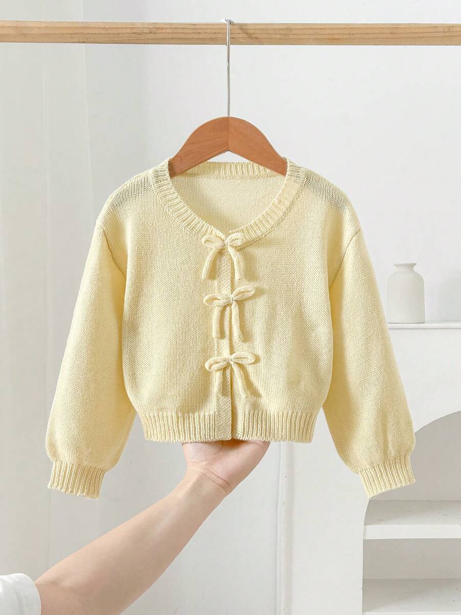 SHEIN LMoss Kids 女童黃色針織秋季毛衣,蝴蝶結裝飾,可愛休閒,柔軟舒適百搭,適合居家、派對、度假場合 - 芥末黃 - 查看 1
