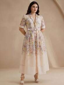 Anewsta Frühling/Sommer eleganter Stil helles Apricot hochwertig positioniert bedrucktes Kurzarm-Hemdkleid mit geraffter Taille und Bindung vorne, Damen-Maxikleid in großen Größen - Verschiedenfarbig - Übersicht 4