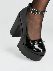 ROMWE Grunge Punk Ladies Sexy Platform Heels Fashion Solid Color Buckle Decorative Rivet Adjustable Buckle Holiday Party Travel Dating Mary Jane Women's Shoes - Bright black - View 3