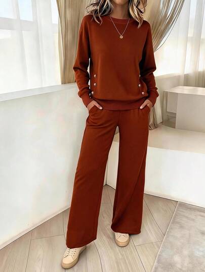 Zayélia Women's Fall Winter Coffee Knit 2 Pieces Loungewear Set, Crew Neck Side Gold Button Sweater & High Wa