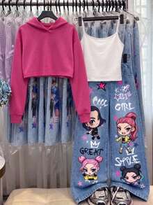 SHEIN 女童 3 件套：洋紅色連帽衛衣、純色細肩帶背心上衣與寬腿長褲，附卡通女孩與星星塗鴉印花，寬鬆版型，適合校園與外出穿搭 - 玫紅色 - 查看 3