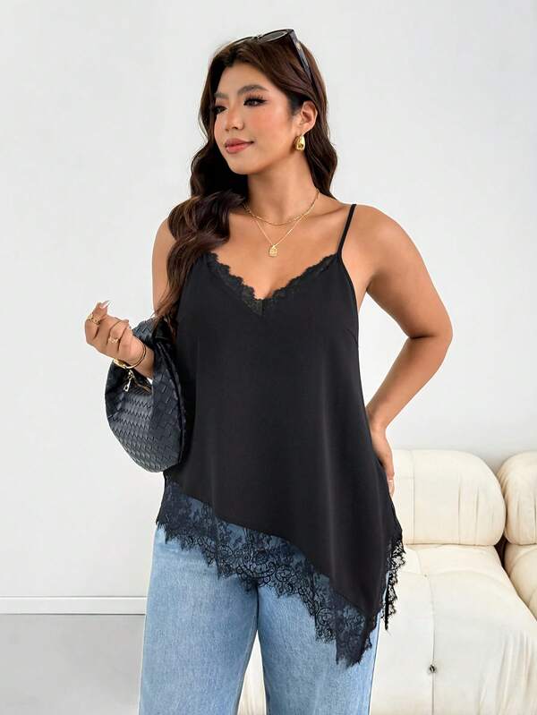 Shapeblank Plus Size Women's Spring/Summer Fashion Casual Loose Comfortable Daily Basic Versatile Slimming Lace Trim Hem Black Camisole Tank Top, Outing Top, Elegant Lace Top, Minimalist Style, Lace Camisole