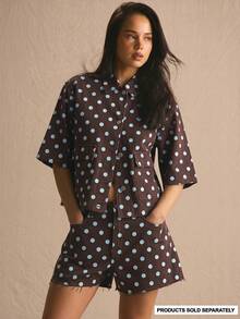MUSERA Polka Dot Denim Oversized Co-Ord Top Only Spring Summer Cosy Cute Daily Girly Vacation Sunlight Social - Brown - View 1