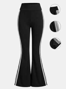 SHEIN Girlism Tween女孩黑色高腰緊身高彈力休閒瑜伽喇叭褲長褲，附織帶裝飾，居家與戶外穿著皆宜 - 彩色 - 查看 7