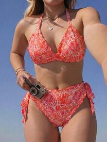 Slaydiva Conjunto de Bikini de Dos Piezas con Estampado de Conchas para Vacaciones de Playa de Verano 2026, Talla Grande - Multicolor - Ver 3