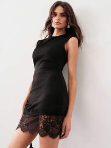 Aveloria Modichic Women Dress Slim Fit Mini Lace Patchwork High Neck Sleeveless Crochet Hem Elegant Sexy Black Solid Black Dress Elegant Dresses For Party Lace Dress - Black - View 1