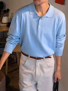 DAZY Blue Solid Color Polo Collar Commuter Long Sleeve Men's Sweater - Blue - View 7