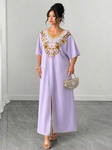 SHEIN Clasi Plus Size Summer Elegant Floral Print Batwing Sleeve Dress - Purple - View 1