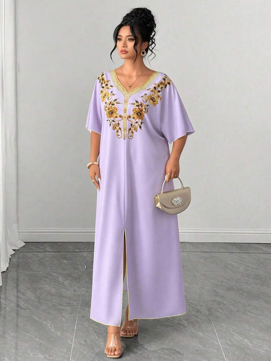 SHEIN Clasi Plus Size Summer Elegant Floral Print Batwing Sleeve Dress - Purple - View 1