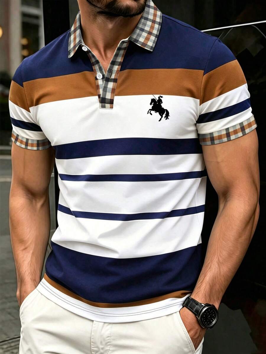 Manfinity Dauomo 男士標準尺寸 Polo 衫,夏季戶外上衣,格紋 + 條紋馬印花圖案,舒適面料,圖案設計,極簡通勤商務上衣,休閒百搭日常穿著,辦公室穿著 - 彩色 - 查看 1