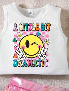 SHEIN Elladie kids Set di canotta con stampa di lettere e cartoni animati e gonna plissettata laser per ragazza giovane - Rosa - Visualizzare 3