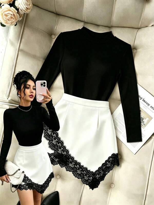 Elenzga Women's New Elegant Commute Versatile All-Match T-Shirt & Lace Patchwork Skirt 2-Piece Set