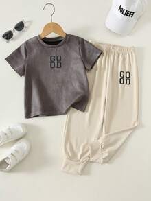 SHEIN 兒童小男孩/小女孩 2件組春夏時尚休閒短袖T恤與長褲套裝，小男孩夏季服飾套裝，Squishy - 深灰色 - 查看 3