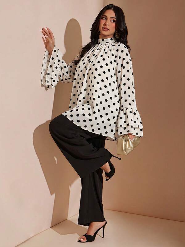 SHEIN BAE Bluză elegantă din șifon negru cu pois, cu volane, pentru femei mărimi mari, top de vacanță