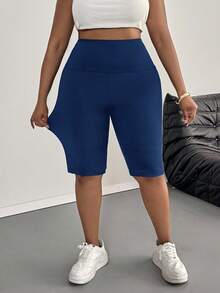 SHEIN PETITE CURVE 大尺碼女款休閒極簡純色內搭褲，適合夏季 - 藏蓝色 - 查看 5