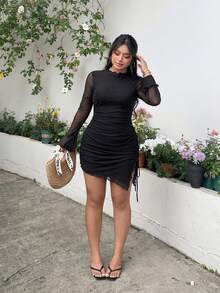 SHEIN EZwear Vestido asimétrico de talla grande hecho de una mezcla de poliéster y tela de malla de unicolor - Negro - Ver 5