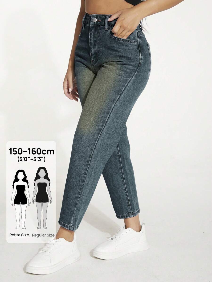 SHEIN PETITE 休閒水洗高腰錐腳牛仔褲,適合嬌小女性 - 深色水洗藍 - 查看 1