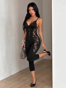 SHEIN ICON Women's Lace Patchwork Sexy Bandage Fitted Camisole Jumpsuit Club Night Out Black Summer Halloween - Black - View 4