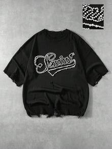 ROMWE MEN Street Life Men's Letter Beaded Round Neck Short Sleeve Distressed Knit Top - Black - View 1