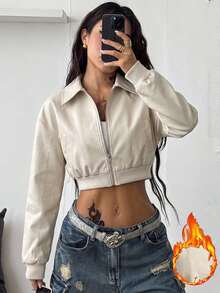 Coolane 女款秋季街頭風約會夜生活辦公穿搭復古紅色皮革短夾克外套 - 杏色 - 查看 3