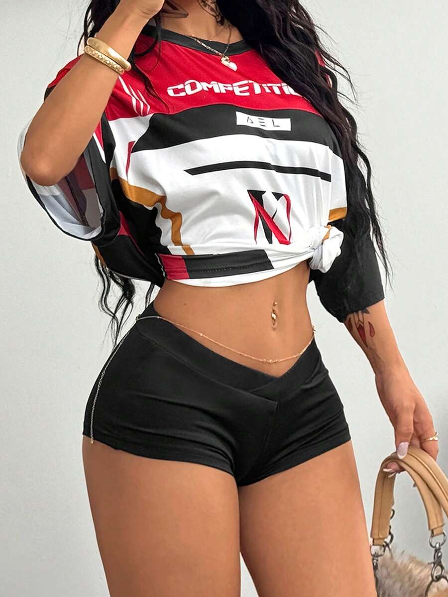 Coolane 女式夏季 Y2K 辣妹简约度假外出低腰弹力松紧腰带舒适黑色运动短裤 - 黑色 - 查看 1
