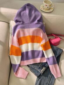 SHEIN Elladie kids 女童多巴胺馬卡龍配色時尚休閒清新短版連帽針織開襟毛衣，秋冬款 - 彩色 - 查看 2