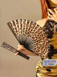 1PC One Size Leopard Print Folding Hand Fan With Black Frame, Lightweight Portable Princess-Themed Fan, Made Of Durable Paper, Elegant Pattern, For Women Girls, Ideal For Party, Wedding, Prom, Daily Use, Summer, Travel, And As A Stylish Gift. - multicolor - View 2