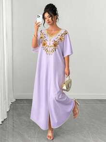 SHEIN Clasi Plus Size Summer Elegant Floral Print Batwing Sleeve Dress - Purple - View 3