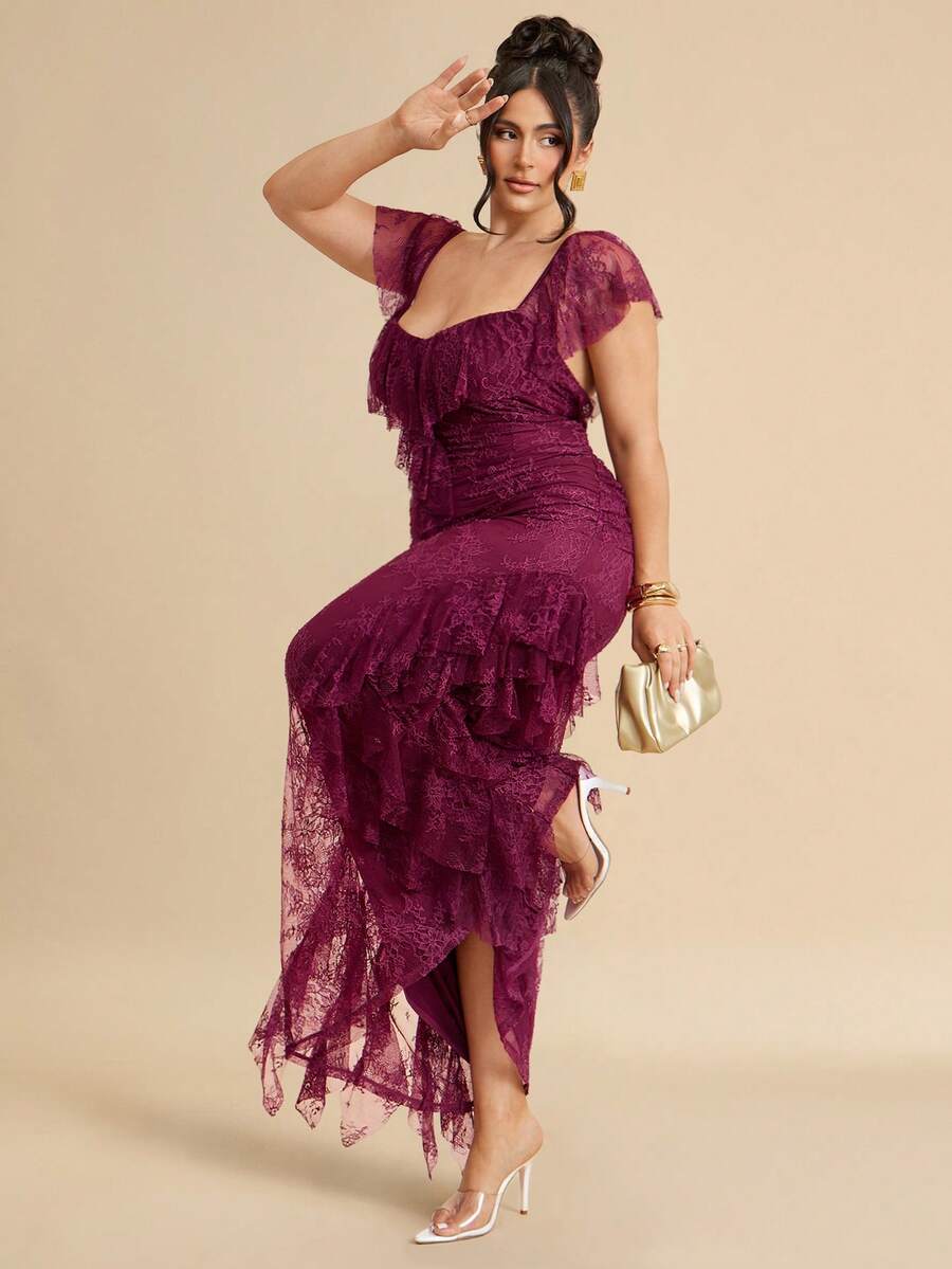 SHEIN BAE CURVE Plus Size Deep Purple,Autumn,Elegant,Dining Burgundy Lace Square Neck Ruched Maxi Dress,Bridesmaid Cocktail Party Date Night Gathering Red Lace Dress - Red - View 1