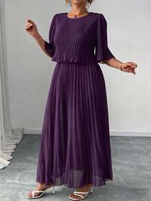 Elenzga Plus Size Solid Color Elegant Chiffon Pleated Dress For Spring And Summer - Purple - View 4