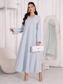 Al Najma Women's Solid Color Shell Trim Elegant Modest Long Sleeve Arabic Dress Dates Summer - Blue - View 4