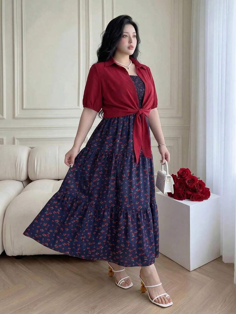 Vibekara Plus Size Casual Cherry Print Spaghetti Strap Maxi Dress + Tie-Front Shirt 2-Piece Set - Navy Blue - View 3
