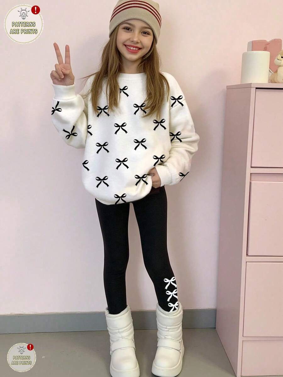SHEIN Leap Crew 2 件套青少年女孩休闲蝴蝶结装饰圆领舒适长袖运动衫和紧身裤套装,适合秋冬季 - 彩色 - 查看 1