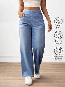 SHEIN Tall 女款素色休閒簡約牛仔褲，適合高個女性 - 藍色 - 查看 7