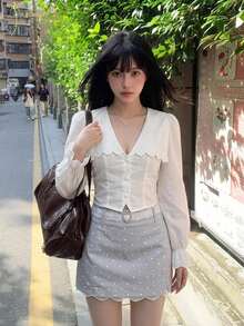 Sweetina Fitted Polka Dot Print Lace Trim Mini Skirt - Grey - View 6