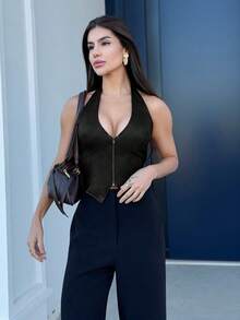 Yohana Edit Women's Solid Color Fashion Zipper Collar PU Leather Halter Top,Black Top,Sexy Top Casual - Black - View 5