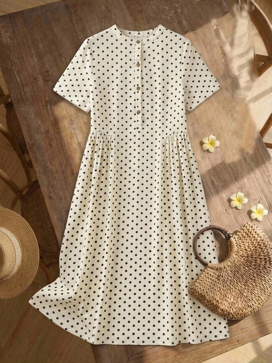 Rusticease 女款圓領波點百褶休閒派對旅行長洋裝