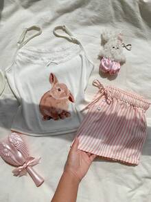 Comfortcana Conjunto de dos piezas casual para uso diario de mujer con top de tirantes y shorts con patchwork de encaje y estampado de dibujos animados - Rosa - Ver 6