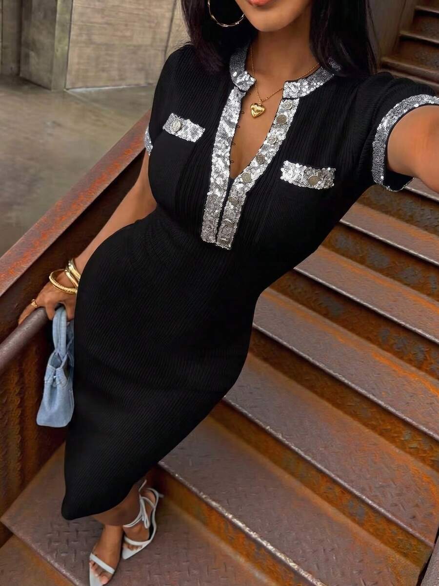 EMERY ROSE Vestido de suéter ajustado con cuello de muesca y adornos de lentejuelas, adecuado para fiestas - Negro - Ver 1