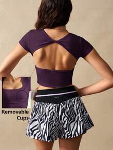 VARSIVA Workout Women Tops Casual Solid Color Cropped Sports T-Shirt, Summer Bustier Crop Sports Tee - Purple - View 7