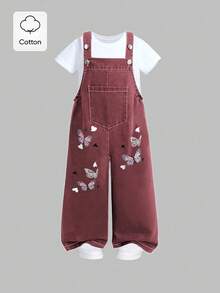 SHEIN Genkimix Kids 女童（大童）夏季休閒時尚新款可愛俏皮蝴蝶數位印花圖案金屬鈕扣牛仔吊帶長褲，適合前青春期女孩，夏季返校季，可愛甜美活潑優雅，適合日常上學、出遊、旅行、派對、拍照穿搭 - 中紫紅色 - 查看 3