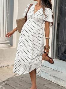 SHEIN Maternity V-Neck Pleated Polka Dot Casual Daily Wear Dress - White - View 1