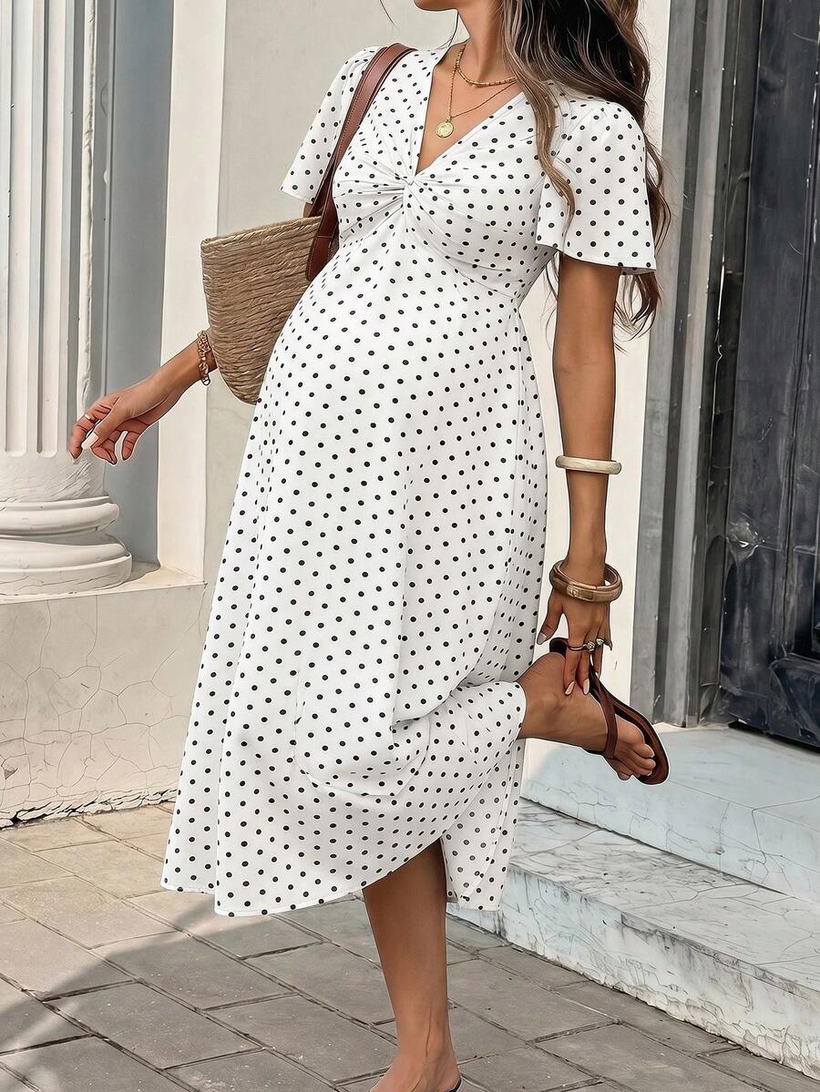 SHEIN Maternity V-Neck Pleated Polka Dot Casual Daily Wear Dress - White - View 1